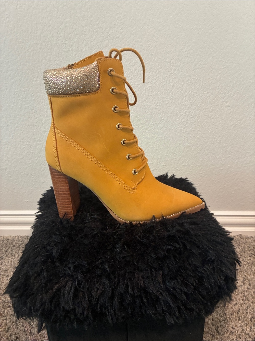 Steve Madden Mustard Yellow Lace-Up High Heel Ankle Boot with Embellished Collar